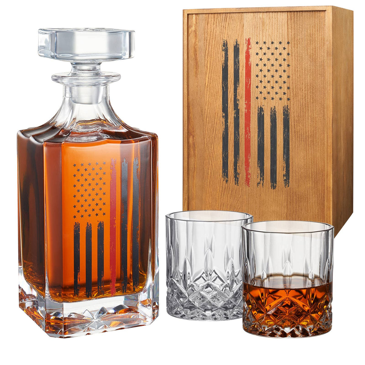 Firefighter Tactical Red American Flag Decanter Set